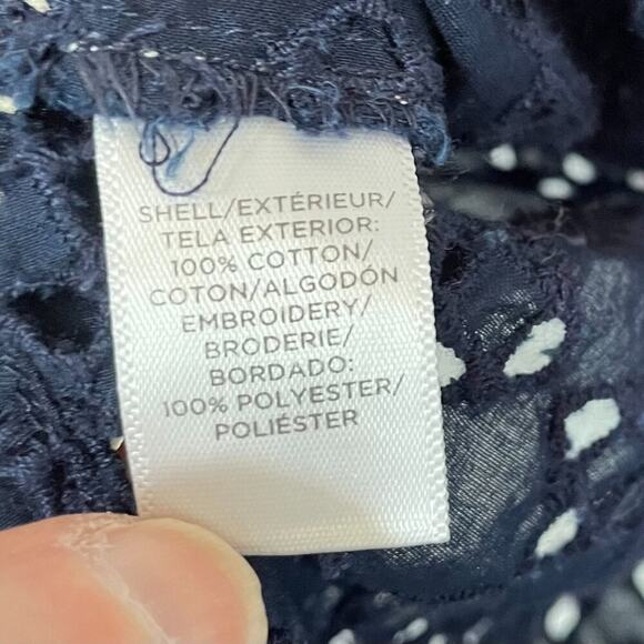 LOFT Cotton Navy Short Sleeve Eyelet Shirt/Top/Blouse with Pom Pom Trim, L - Picture 4 of 8